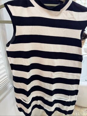 Karen Millen Dark Navy (Black?)/ Cream Striped Sleeveless Knit Top with pockets